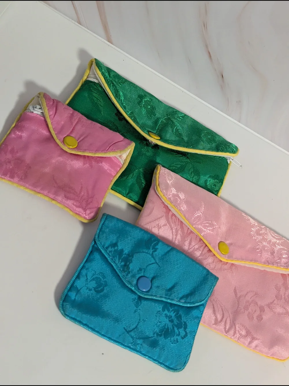 Silk Jacquard Multi-Color Zip & Snap Pouch Set - Pink, Green, Turquoise